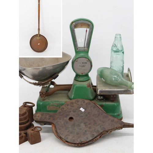 351 - Set of vintage Avery scales with some weights, bellows and two early glass bottles together with a c... 