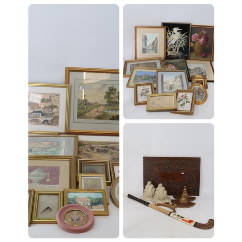 440 - Selection of framed pictures together with wall sconces(one with damage) and a Slazenger hockey stic... 