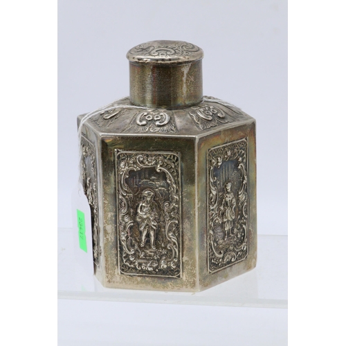 9 - Silver hallmarked hexagonal and embossed tea caddy, Dated 1891 Birmingham. approx. 198g