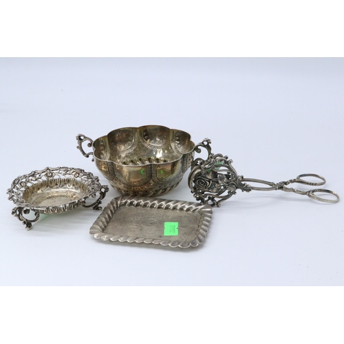 21 - Silver hallmarked two handled cup, pair of footed silver salts, small tray and 800 grade tongs. appr... 