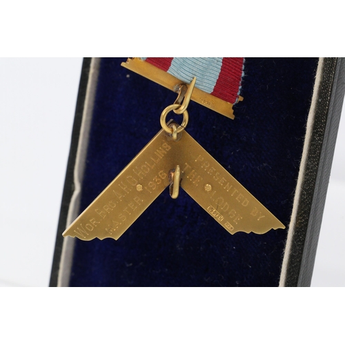 29 - 9ct Gold masonic square jewel on ribbon with enamel date floral pin and two 9ct gold bars . gross we... 