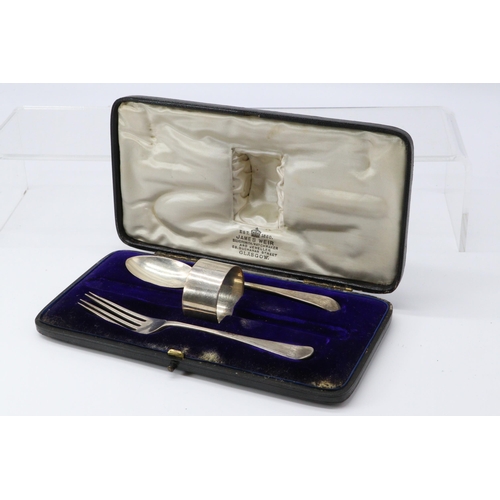 44 - Cased silver hallmarked christening set (missing knife) hallmarked Weir in fitted case.