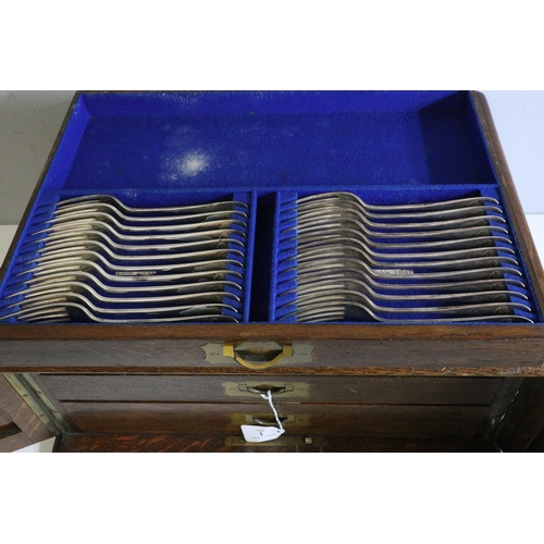 1 - Silver rat tail pattern hallmarked cutlery, mainly dated 1887
In fitted oak three drawer canteen. (c... 