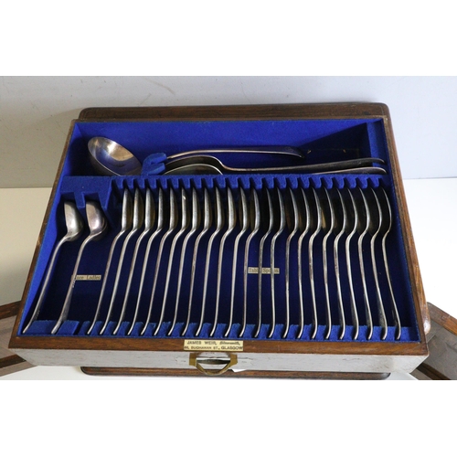 1 - Silver rat tail pattern hallmarked cutlery, mainly dated 1887
In fitted oak three drawer canteen. (c... 