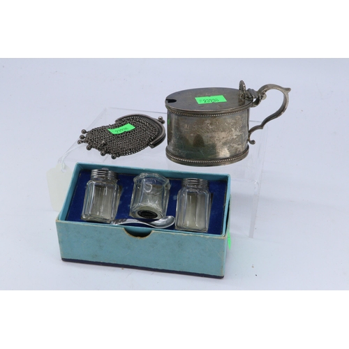 18 - Silver hallmarked mustard pot, together with sterling topped cruet and a white metal chain link purs... 