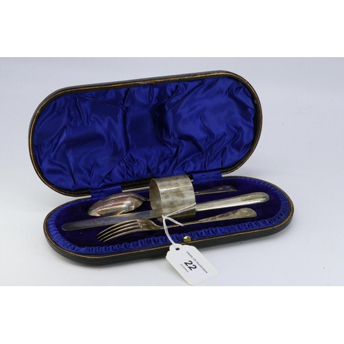 22 - A cased Silver christening set with knife, fork, spoon and napkin ring