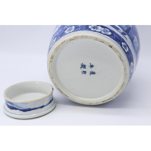 214 - Chinese blue and white ginger jar and cover, Kangxi reign marks. approx 26cms.