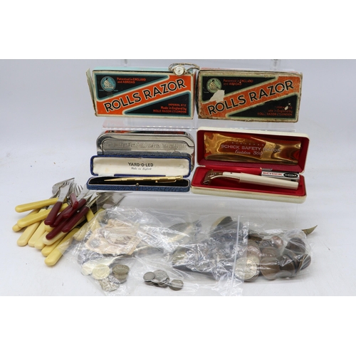 334 - A selection of silver plated cutlery, 3 rolls razors (two boxed), a schick razor, a rolled gold pen ... 