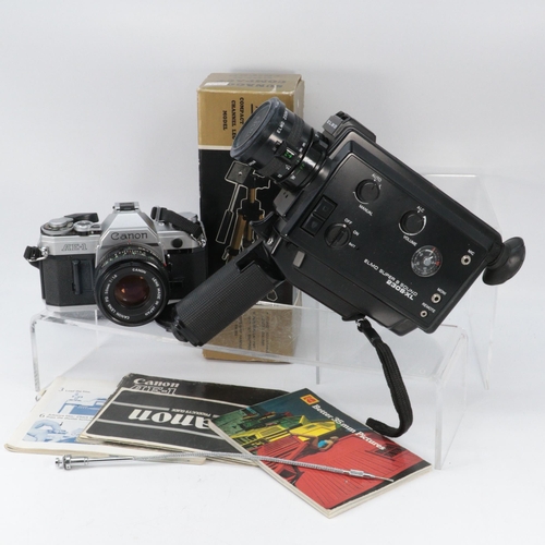 288 - An Elmo super 8 sound 230S-XL cine camera together with a canon AE1 Slr camera and 50mm lens and a b... 