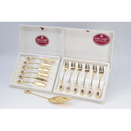 290 - Boxed set of six Royal Albert country roses gold plated cake slice and cake forks together with a bo... 