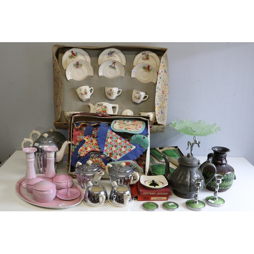 626 - Selection of retro items to include a Decorated tea set in original box, box of paper garland decora... 