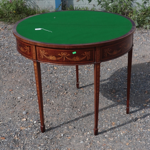 279 - Antique d shaped mahogany and inlaid card table with adams style vase inlay.