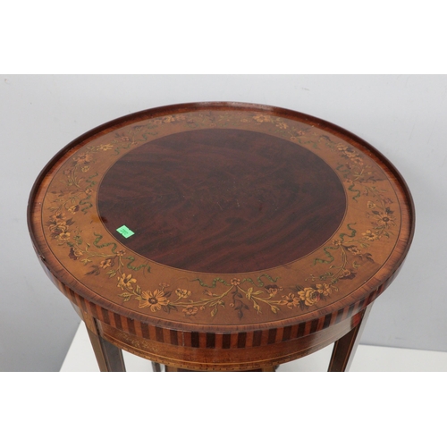 318 - Edwardian mahogany circular two tier occasional table box wood banding and decorated marquetry aroun... 