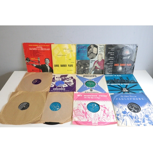 344C - A box of Jazz interest records including 78's noted Vogue records Sidney Beckett and his hot six, Ch... 