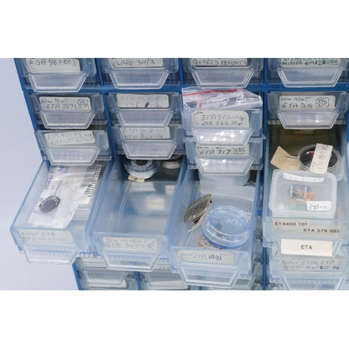 392 - Plastic storage drawers full of watch repair items, Lots of movements etc