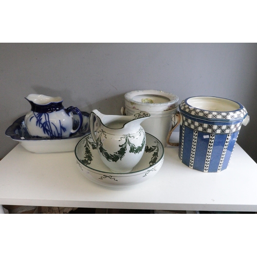 624 - Royal Doulton jug and bowl together with ceramic slop bucket and removable decorative top, another s... 