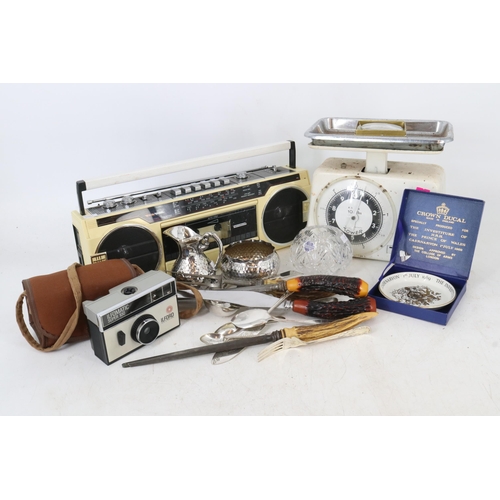 43 - A selection of assorted items including ceramics, glassware, commemorative, camera, scales, radio, p... 