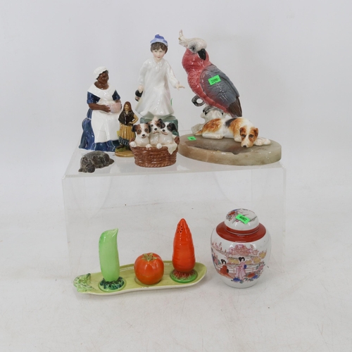 79 - Two Royal Doulton figures one cracked to base and the other missing a finger together with a Beswick... 