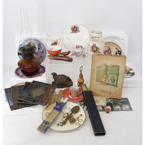 89 - A selection of sundry items to include Royal Commemorative, Kensitas cigarette Henry cards, oil lamp... 