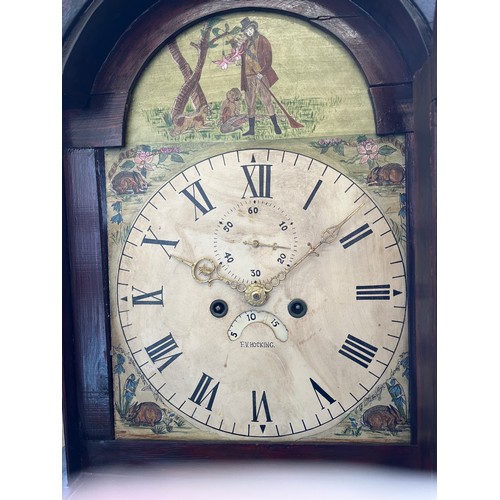 103 - Grandfather clock by F V Hocking complete with pendulum, weights and key