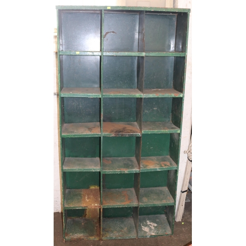 209 - Industrial metal shelving unit with 18 storage spaces measuring approx 92cm w x 31cm d x 183cm H