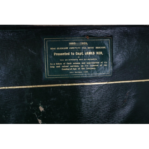 360 - Vintage leather suitcase with presentation stamped to inner 1888-1909 presented to Captain Ker for l... 