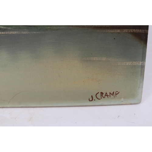 387 - A pair of oil on canvas scenes signed J. Cramp - possibly J.D.Cramp b. 1930. Each measure approx' 61... 