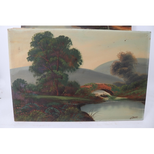 387 - A pair of oil on canvas scenes signed J. Cramp - possibly J.D.Cramp b. 1930. Each measure approx' 61... 