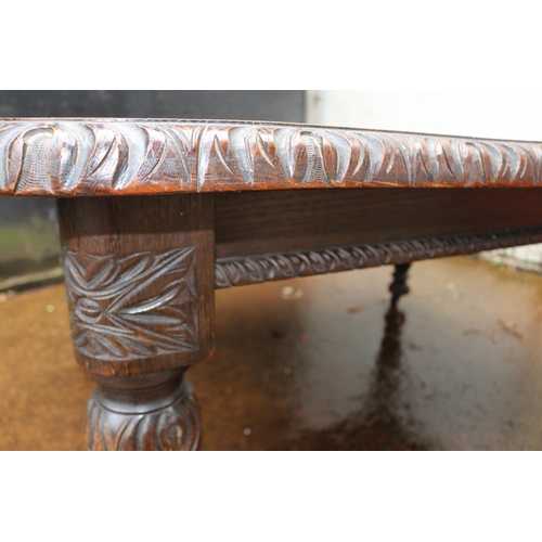 485 - Antique carved oak extending dining table measuring 120cm x 151cm unextended with two extra leaves, ... 