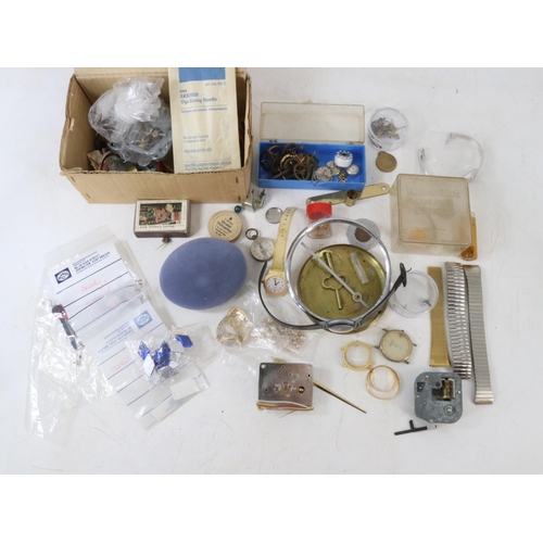 26 - A large carton of assorted wristwatch spares, mantle clock spares, movement, parts etc