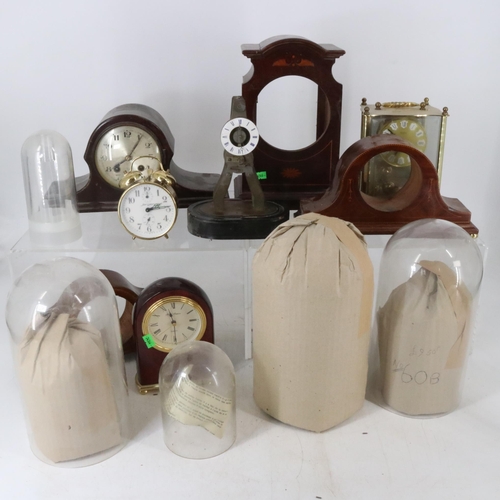 32 - Selection of Mahogany mantle clock case, plastic anniversary clock domes etc.