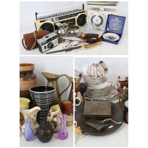 43 - A selection of assorted items including ceramics, glassware, commemorative, camera, scales, radio, p... 