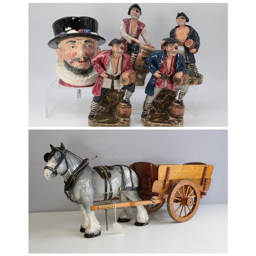 395a - A grey shire horse and cart together with Four Jamaica Inn Ornaments and a Doulton beefeater jug