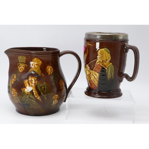 404 - Royal Doulton kingsware silver topped tankard (handle has been restored) an another similar together... 