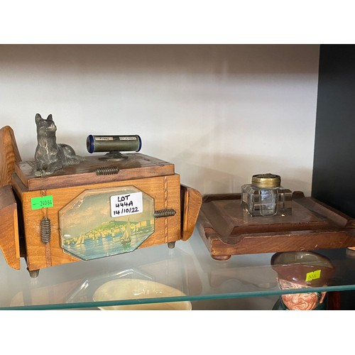 444a - Box of treen including an Art Deco cigarette musical box and other wooden ware