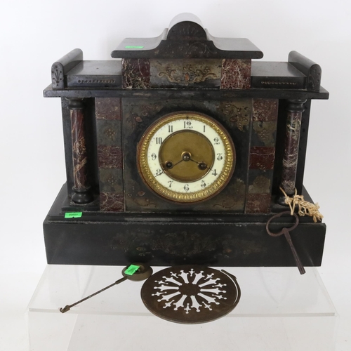 184a - Antique slate cased mantle clock with pendulum and key