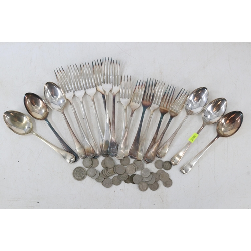 206 - Selection of EPNS cutlery together with a small quantity of mainly sixpences inside Lot 201