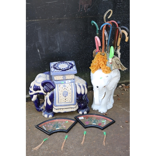 285 - Ceramic elephant garden seat together with elephant stick stand containing a selection of vintage pa... 