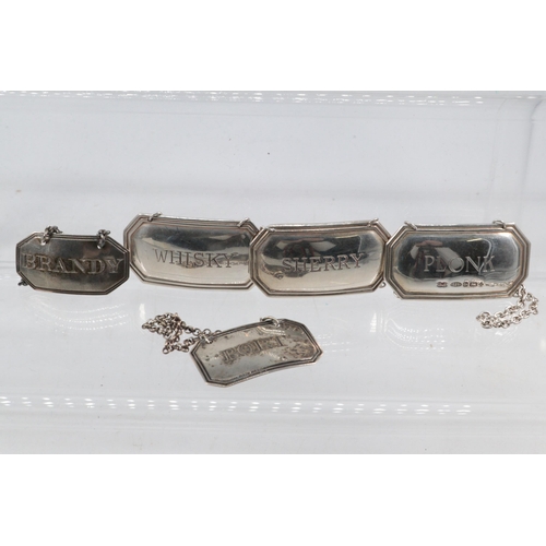 20 - Five Silver hallmarked decanter labels, Whisky, Brandy, Port, Sherry and Plonk, approx. weight 45g