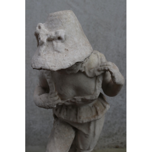 9 - Pair of marble garden statues in weathered condition on square stand base measuring approx 130cm on ... 