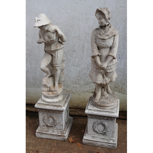 9 - Pair of marble garden statues in weathered condition on square stand base measuring approx 130cm on ... 