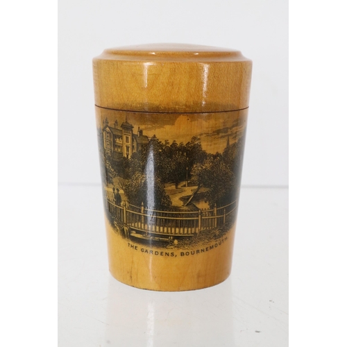 32 - Three items of Mauchline ware featuring views of Bournemouth and a distressed wooden box.