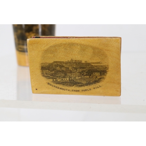 32 - Three items of Mauchline ware featuring views of Bournemouth and a distressed wooden box.