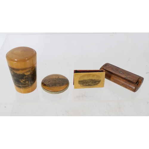 32 - Three items of Mauchline ware featuring views of Bournemouth and a distressed wooden box.