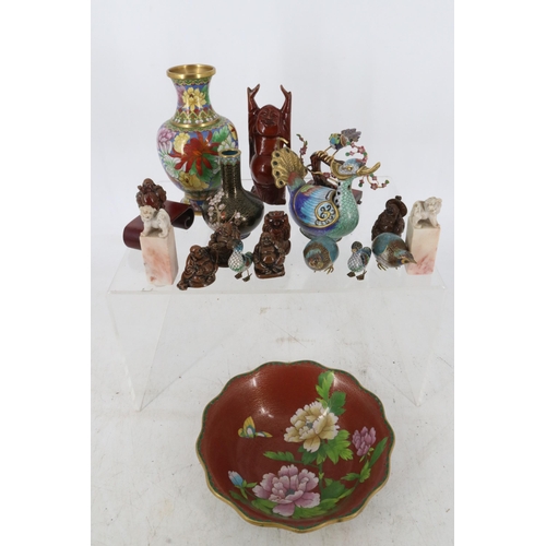 44 - Selection of modern Cloisonné items, wooden figures etc