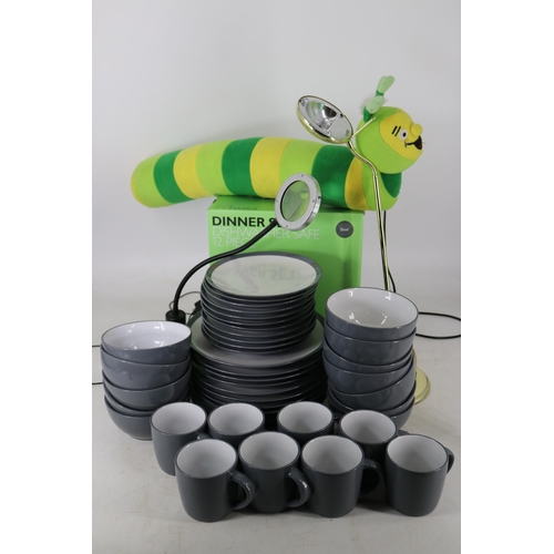 90 - Boxed John Lewis dinner set together with a John Lewis grey dinner set, lamp, illuminated magnifier ... 