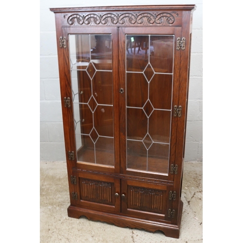 365 - Tall reproduction oak display cupboard with cupboard under measures approx 88cm w x 33cm d x 157cm h