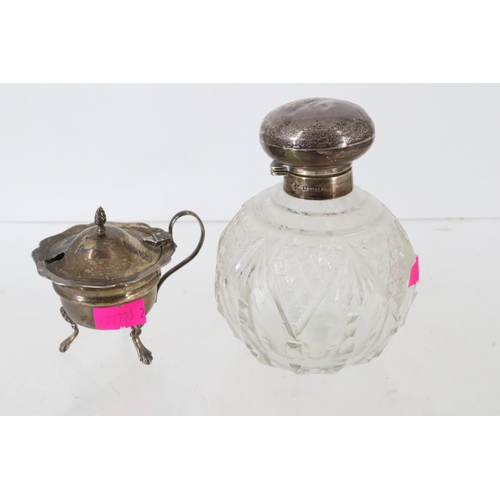 41D - A perfume bottle with stopper and silver top together with a mustard pot.