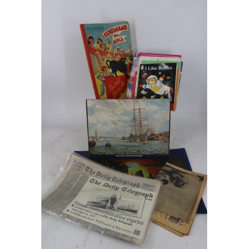 93 - Quantity of Drakes Voyages etchings together with a selection of assorted table linen, RHS medal and... 