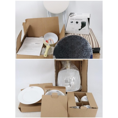 57 - Collection of boxed items to include table mats, saucepans, Vidal Sassoon hood and palm dryer, two s... 